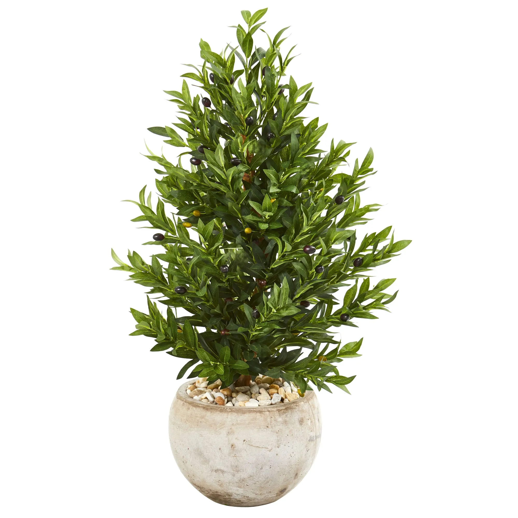 3' Artificial Olive Cone Topiary Tree in Sand Stone Planter UV Resistant (Indoor/Outdoor) - Low Maintenance, Life-Like & Vibrant Silk Trees For Busy People.