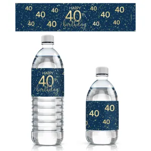 40th Birthday: Navy Blue & Gold - Adult Birthday -  Water Bottle Labels