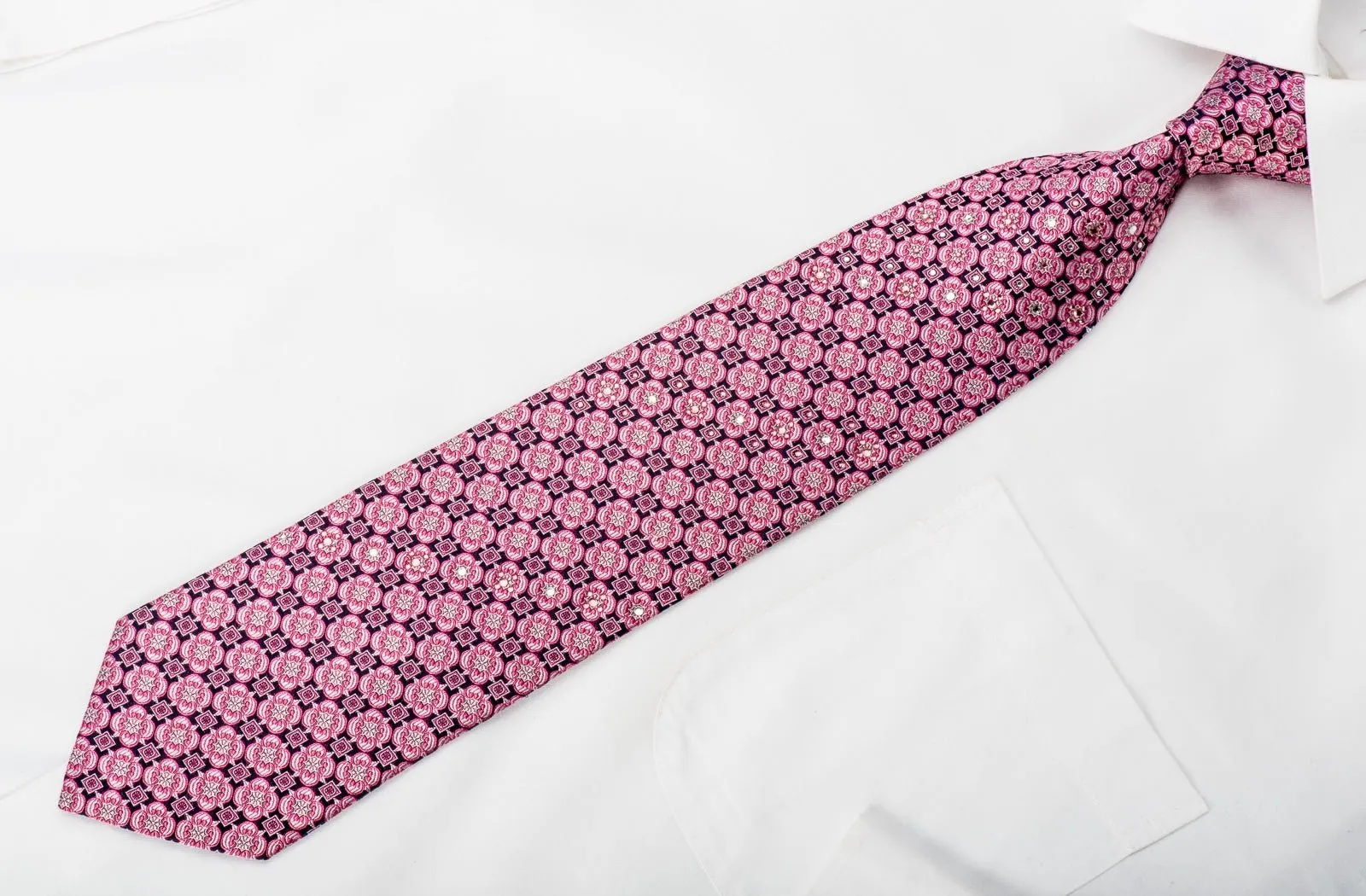 Aquascutum Mens Rhinestone Necktie Pink Foulard On Navy With Sparkles