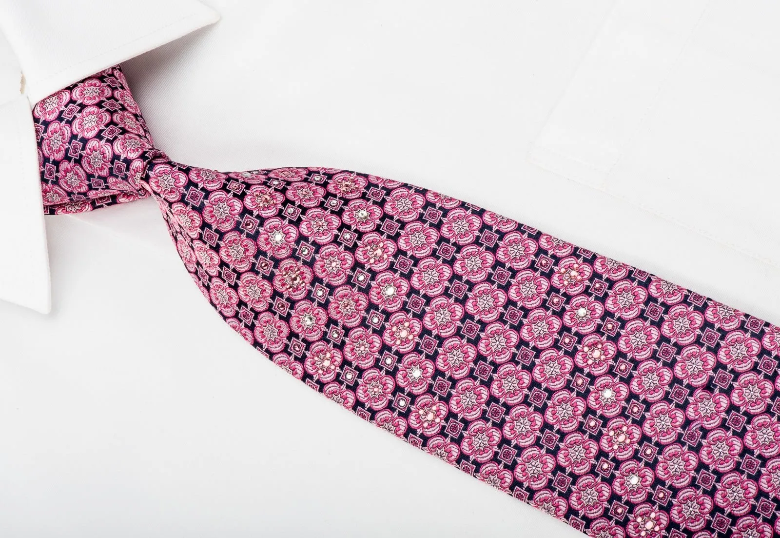 Aquascutum Mens Rhinestone Necktie Pink Foulard On Navy With Sparkles