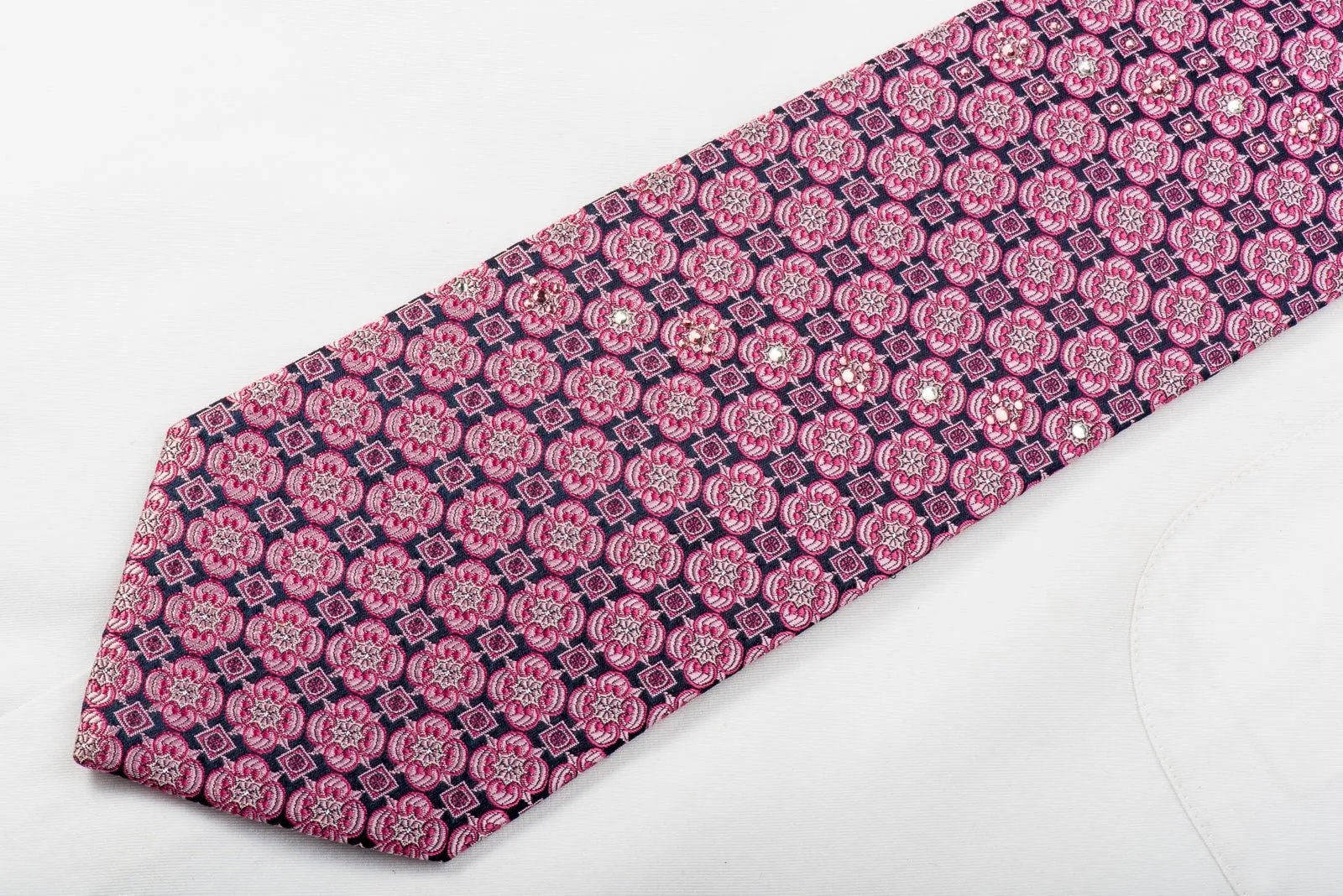 Aquascutum Mens Rhinestone Necktie Pink Foulard On Navy With Sparkles