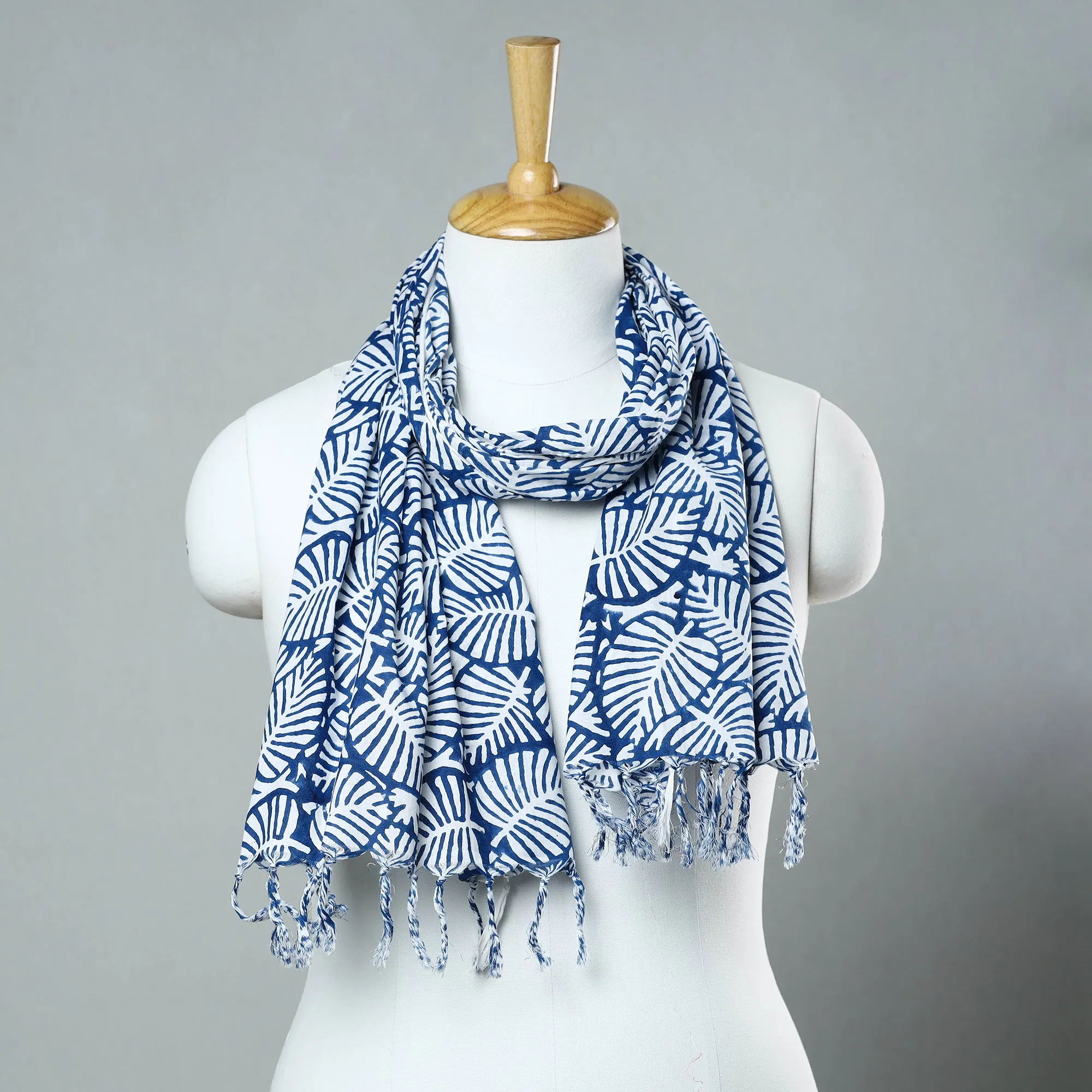 Blue - Sanganeri Block Printed Cotton Stole with Tassels 117