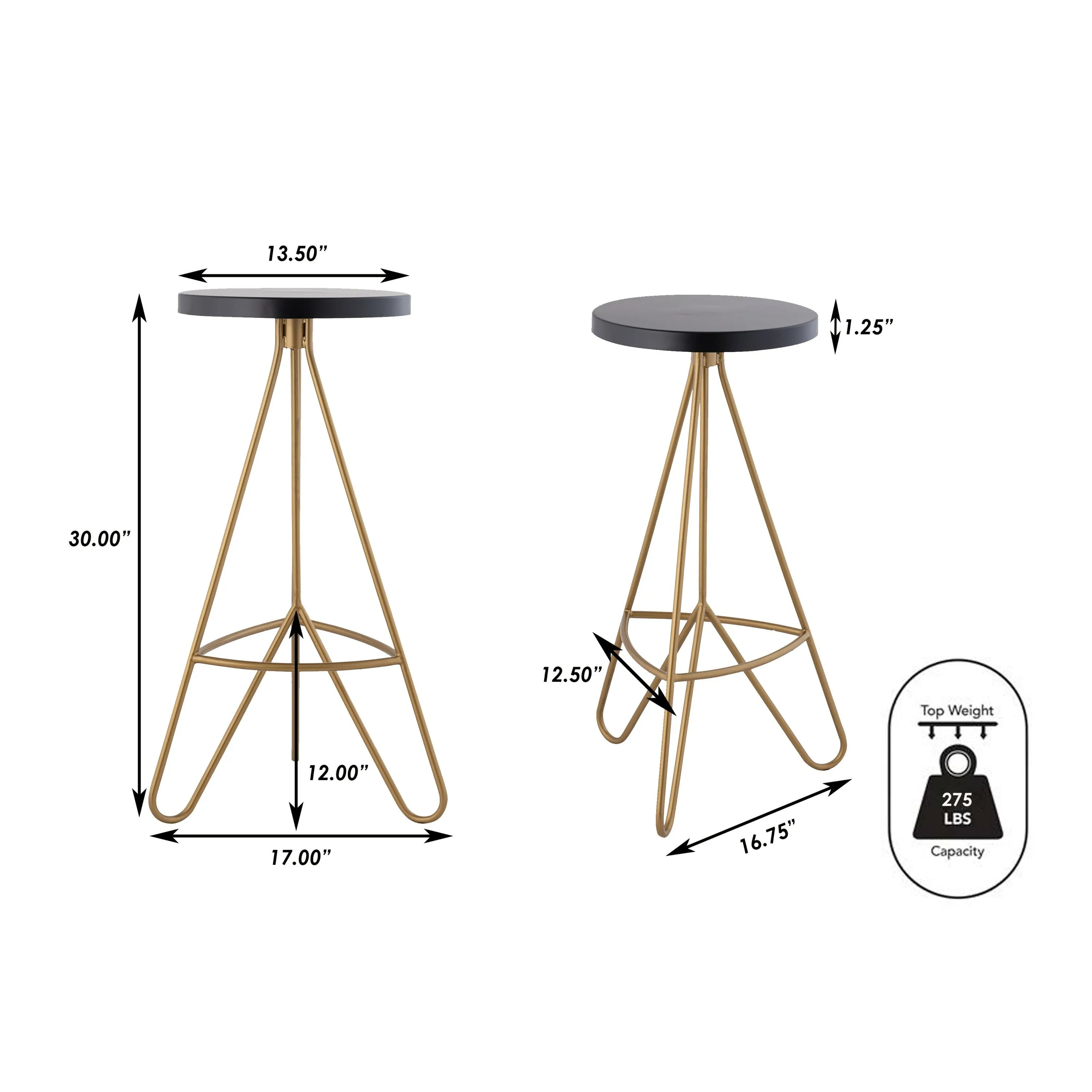 Chintaly 30" Modern Industiral Iron Tripod Backless Bar Stool