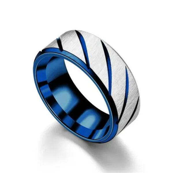 Classy Men Blue Striped Stainless Steel Ring