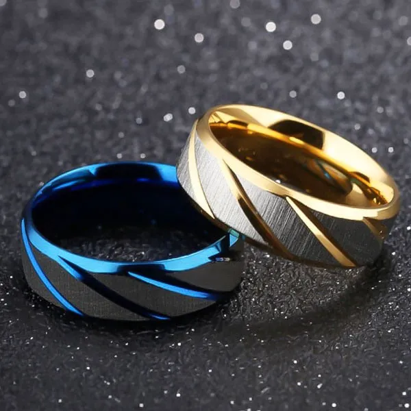 Classy Men Blue Striped Stainless Steel Ring