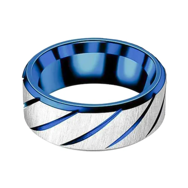 Classy Men Blue Striped Stainless Steel Ring