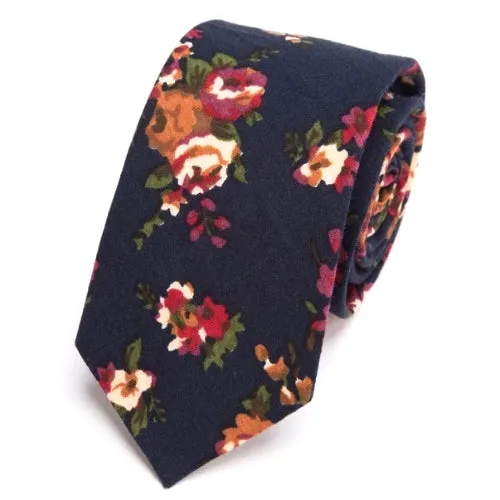 Classy Men Navy Blue Floral Skinny Cotton Tie