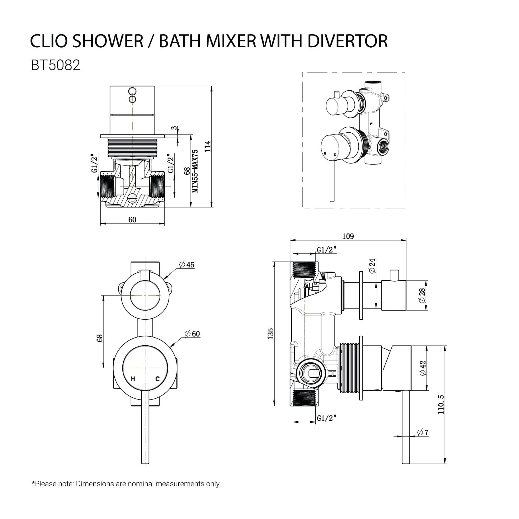 CLIO Shower / Bath Mixer with Divertor Brushed Nickel