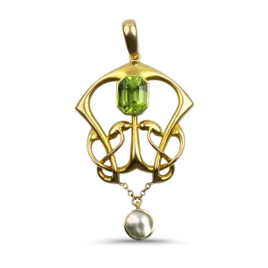 Estate 15K Yellow Gold Peridot & Mother-of-Pearl Pendant