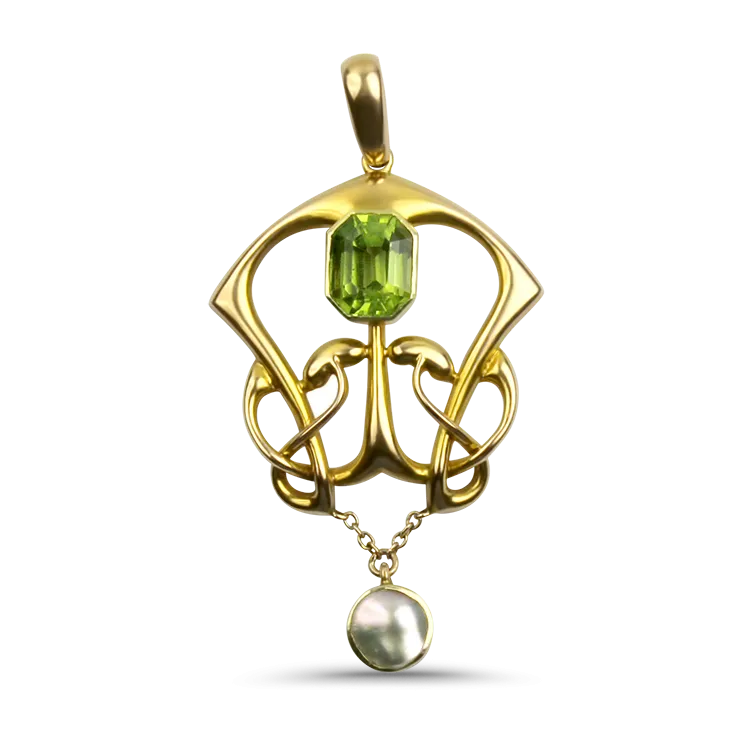 Estate 15K Yellow Gold Peridot & Mother-of-Pearl Pendant