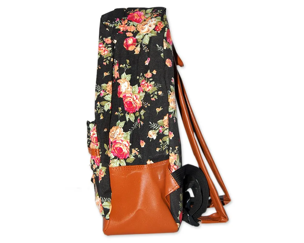 Floral Print Canvas Backpack - Black