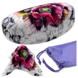 Floral Sunglasses Case, Large Hard Glasses Case | Eyeglass Case for Large to Extra Large Frames with Drawstring Pouch and Cleaning cloth By Rachel Rowberry (AS413 Poppy)