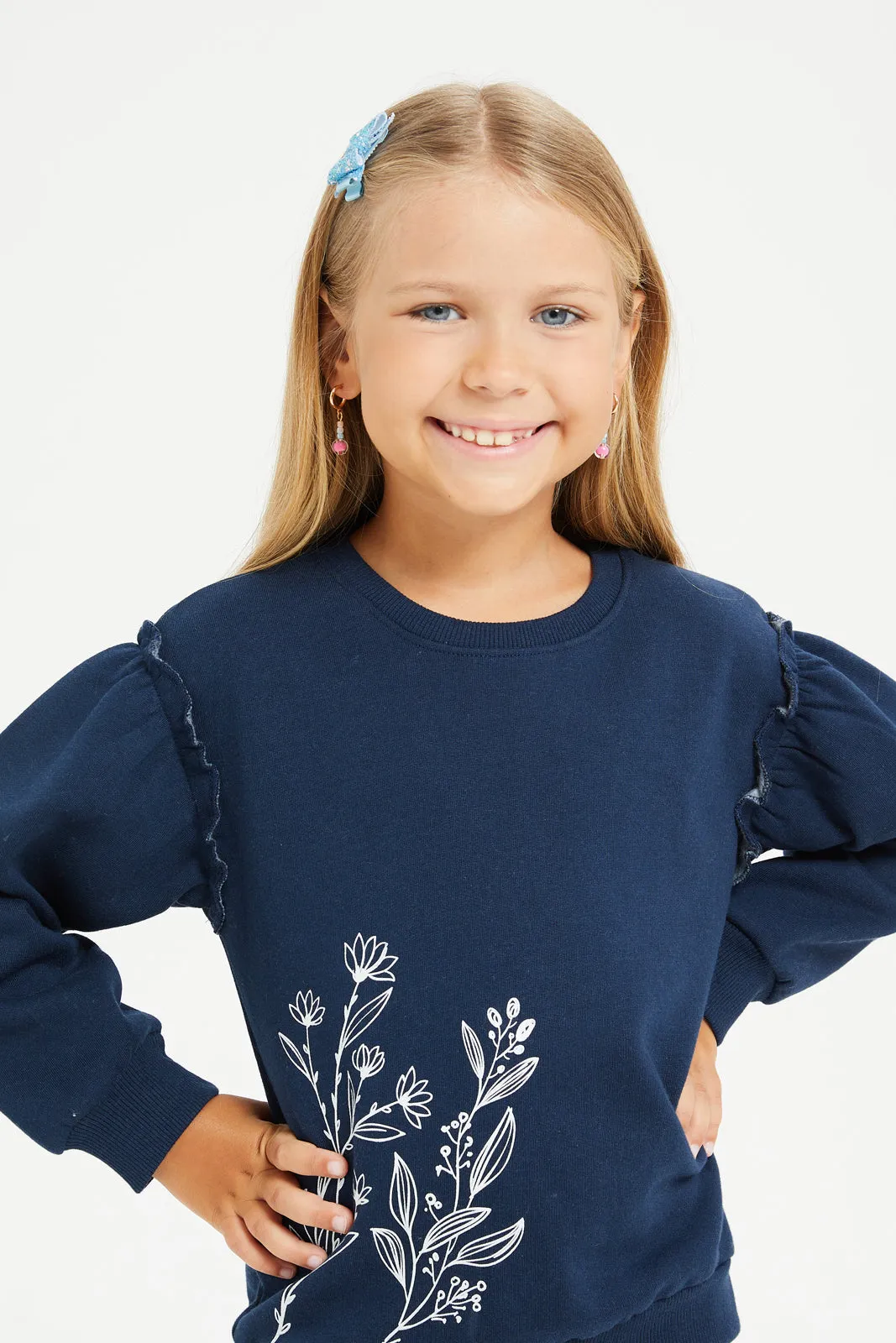 Girls Navy Printed Sweatshirt