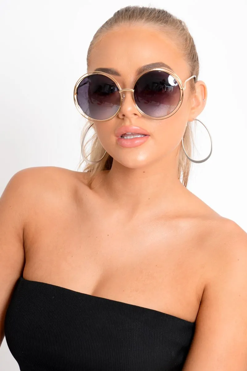 Gold And Black Oversized Round Frame Sunglasses - Stacy