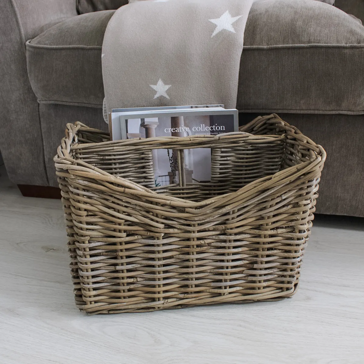 Grey Washed Rattan Magazine Basket Holder