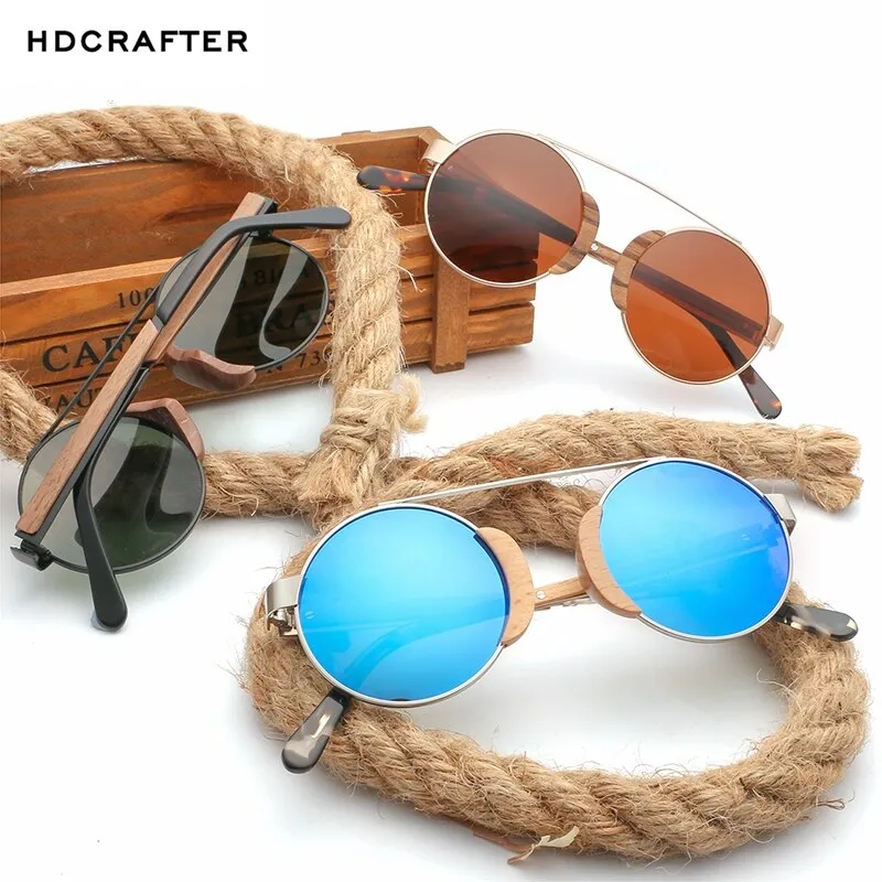 Hdcrafter Women's Full Rim Wood Metal Round Frame Polarized Sunglasses L3058