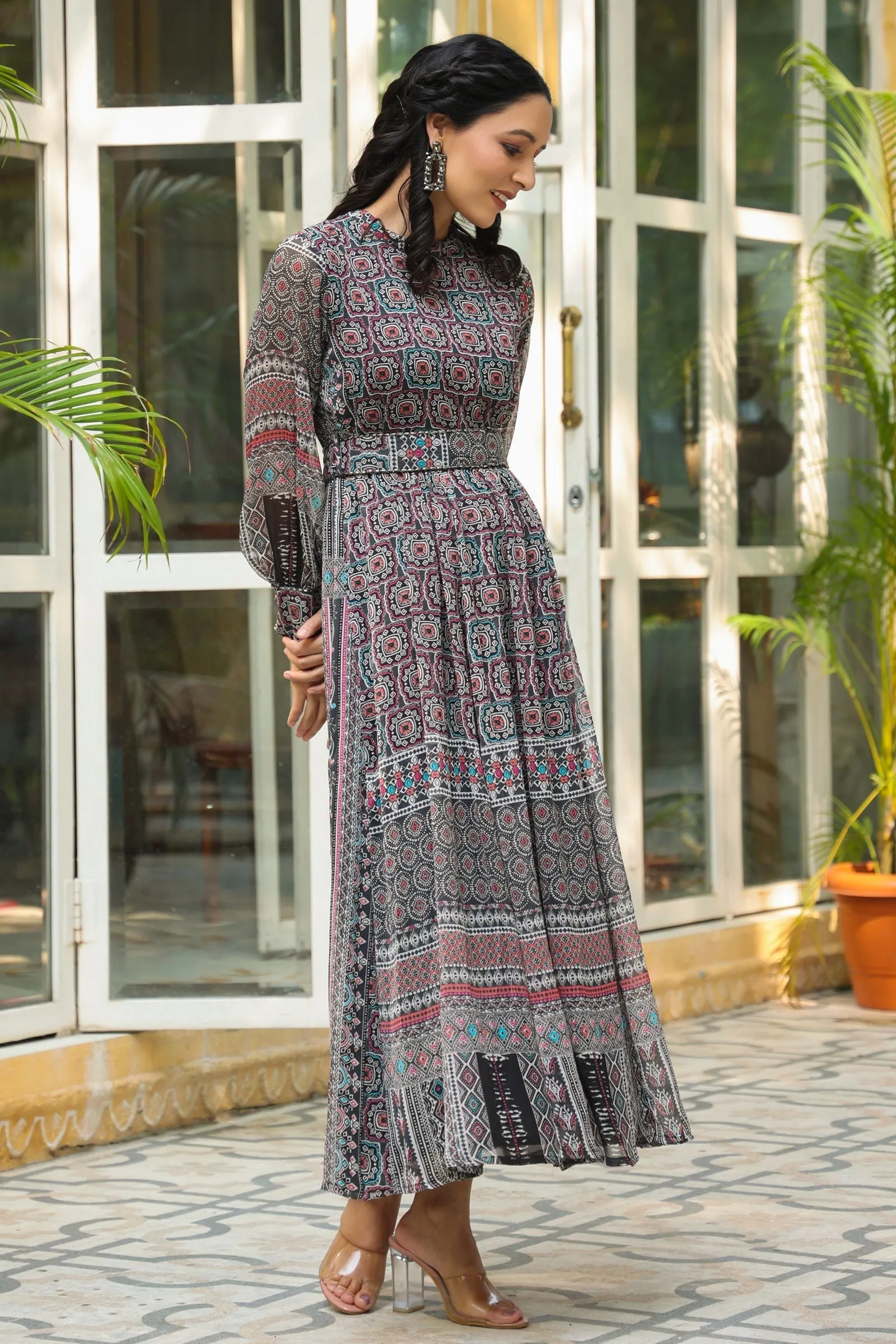 Jashvi Black Geometric Printed Chiffon Flared Maxi Dress With Buttons.