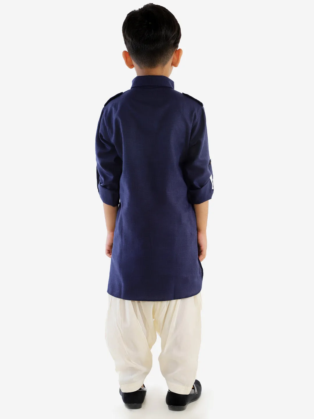 Jashvi Boy's Navy Blue Cotton Blend Pathani Suit Set
