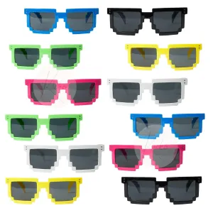 Kicko Colorful Pixel Glasses - 12 Pack - Unisex Gamer Reflective Lens in Assorted Colors