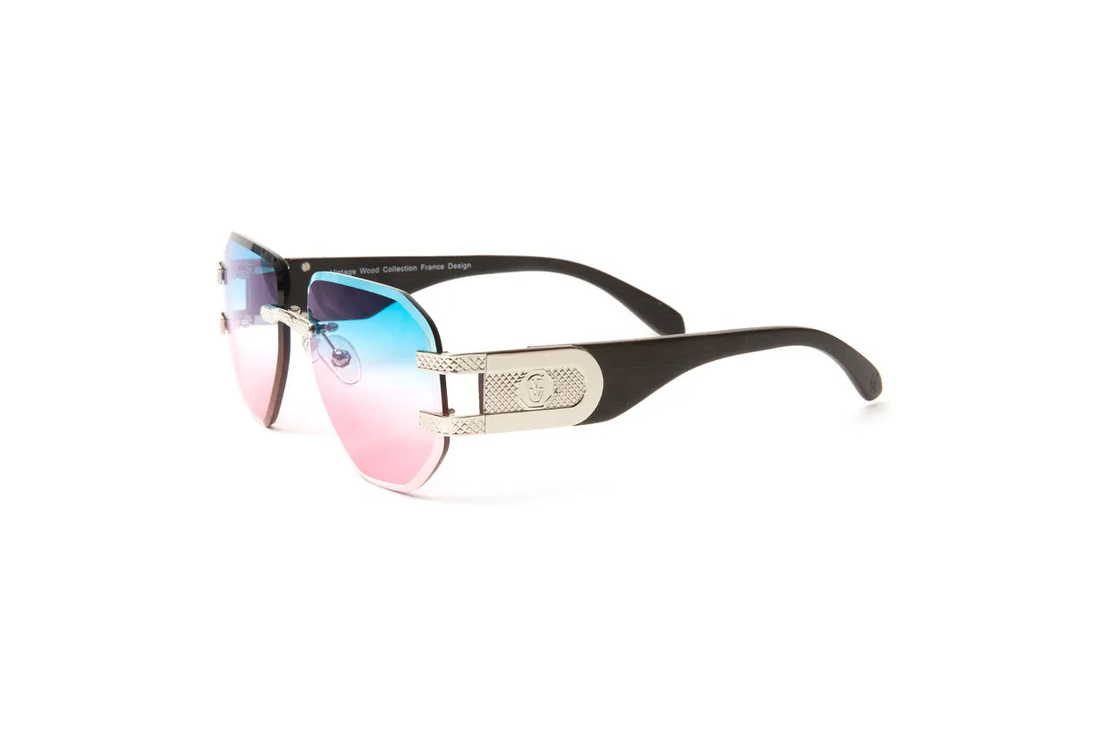 LEGEND Silver & Black Wood Drill Mount Sunglasses, Double Gradient Blue/Pink Aviator Lenses