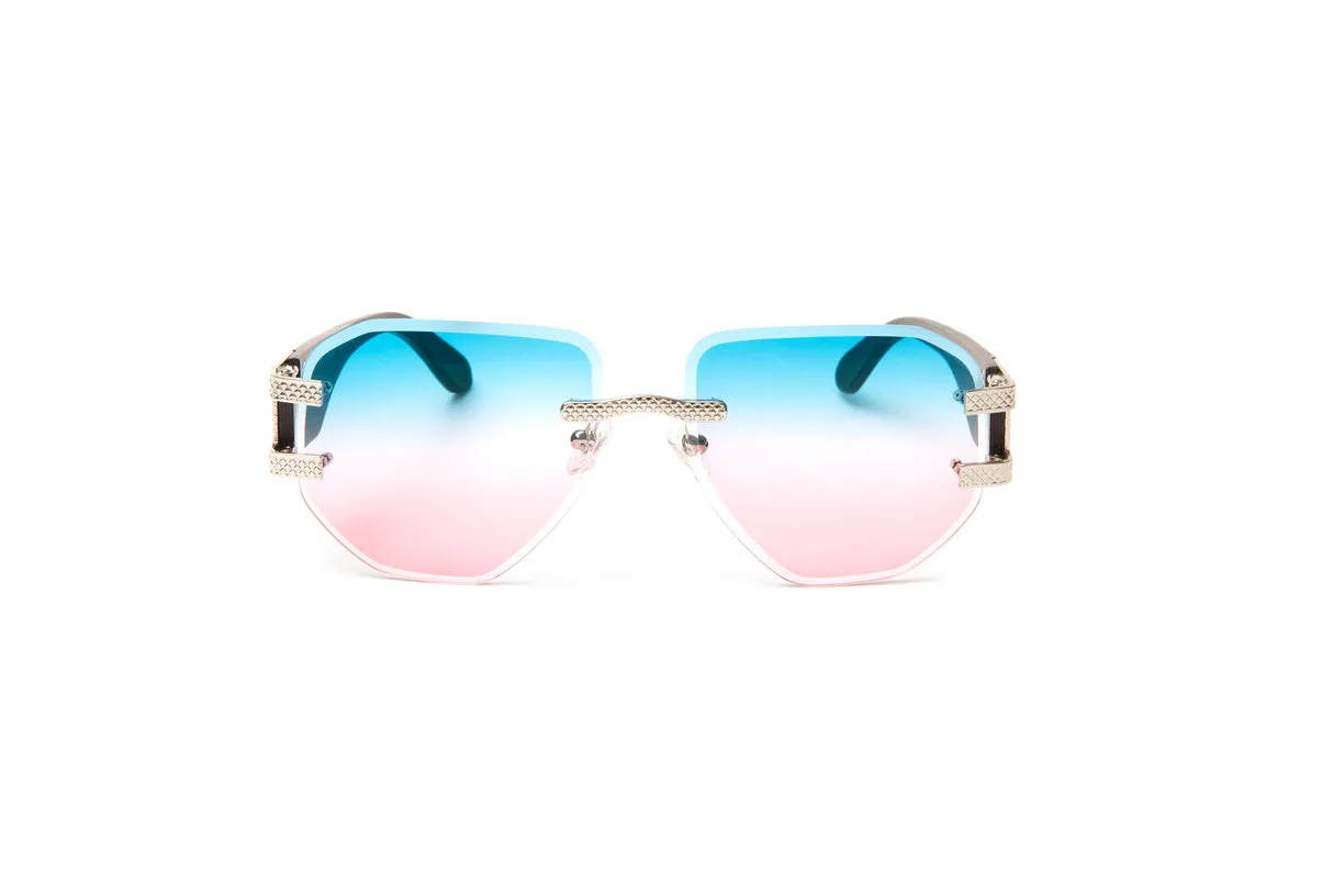 LEGEND Silver & Black Wood Drill Mount Sunglasses, Double Gradient Blue/Pink Aviator Lenses