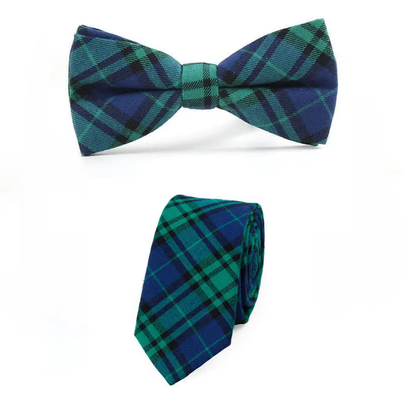 Men's Trendy Plaid Pattern Bow Tie Handkerchief Necktie