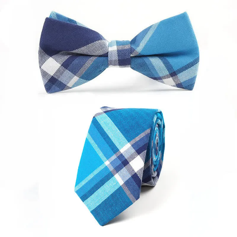 Men's Trendy Plaid Pattern Bow Tie Handkerchief Necktie