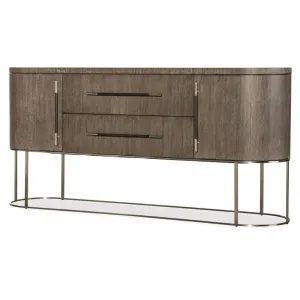 Modern Curved Sideboard Buffet Wire Brushed Mink Finish Metal Pewter Base 76 inch