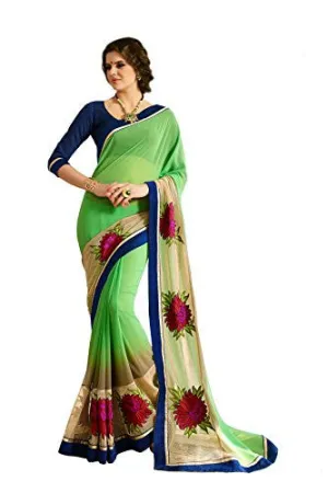 Oomph! Women's Georgette Sarees Party Wear/Fancy Georgette Sarees/Embroidered Georgette Sarees - Parakeet Green