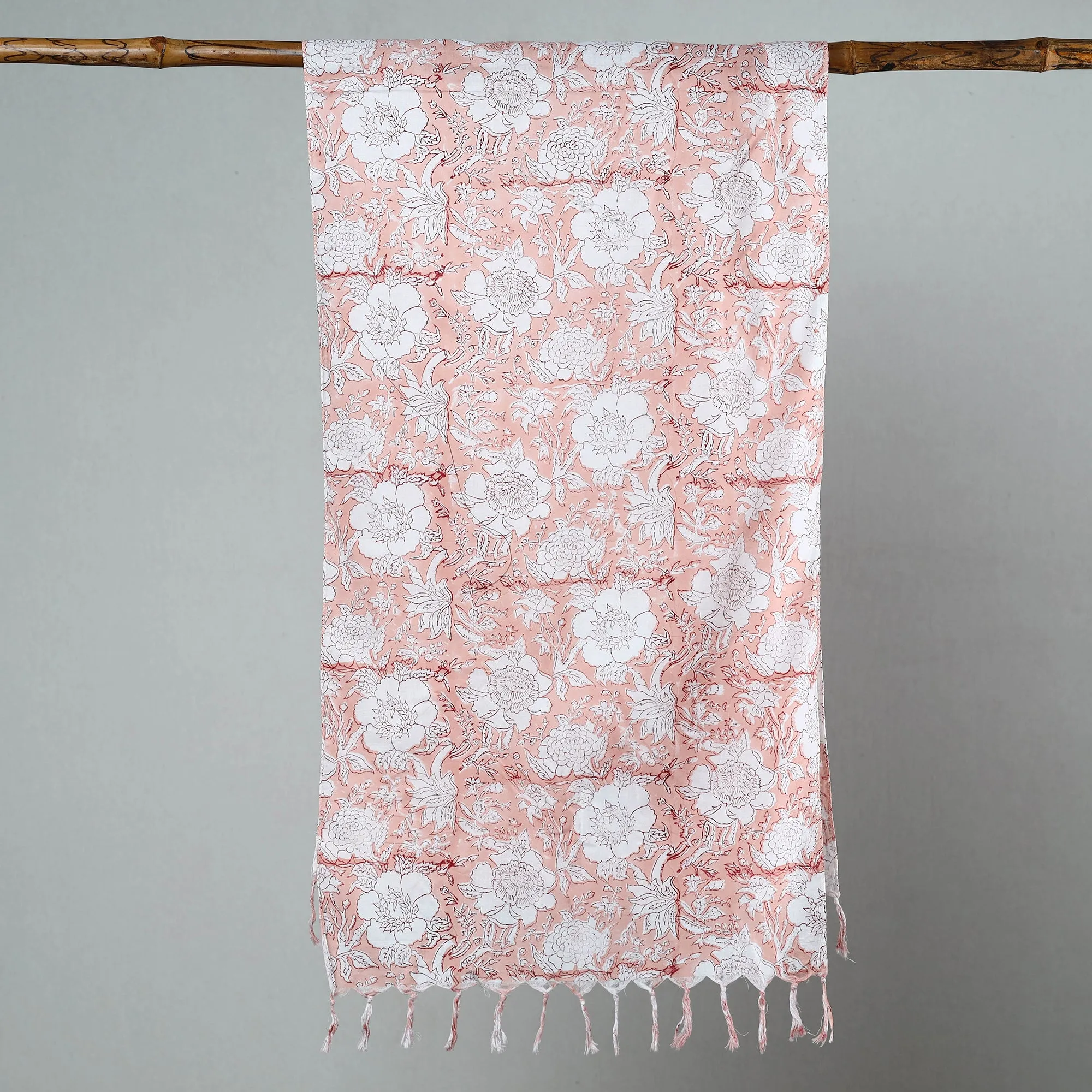 Peach - Sanganeri Block Printed Cotton Stole with Tassels 52