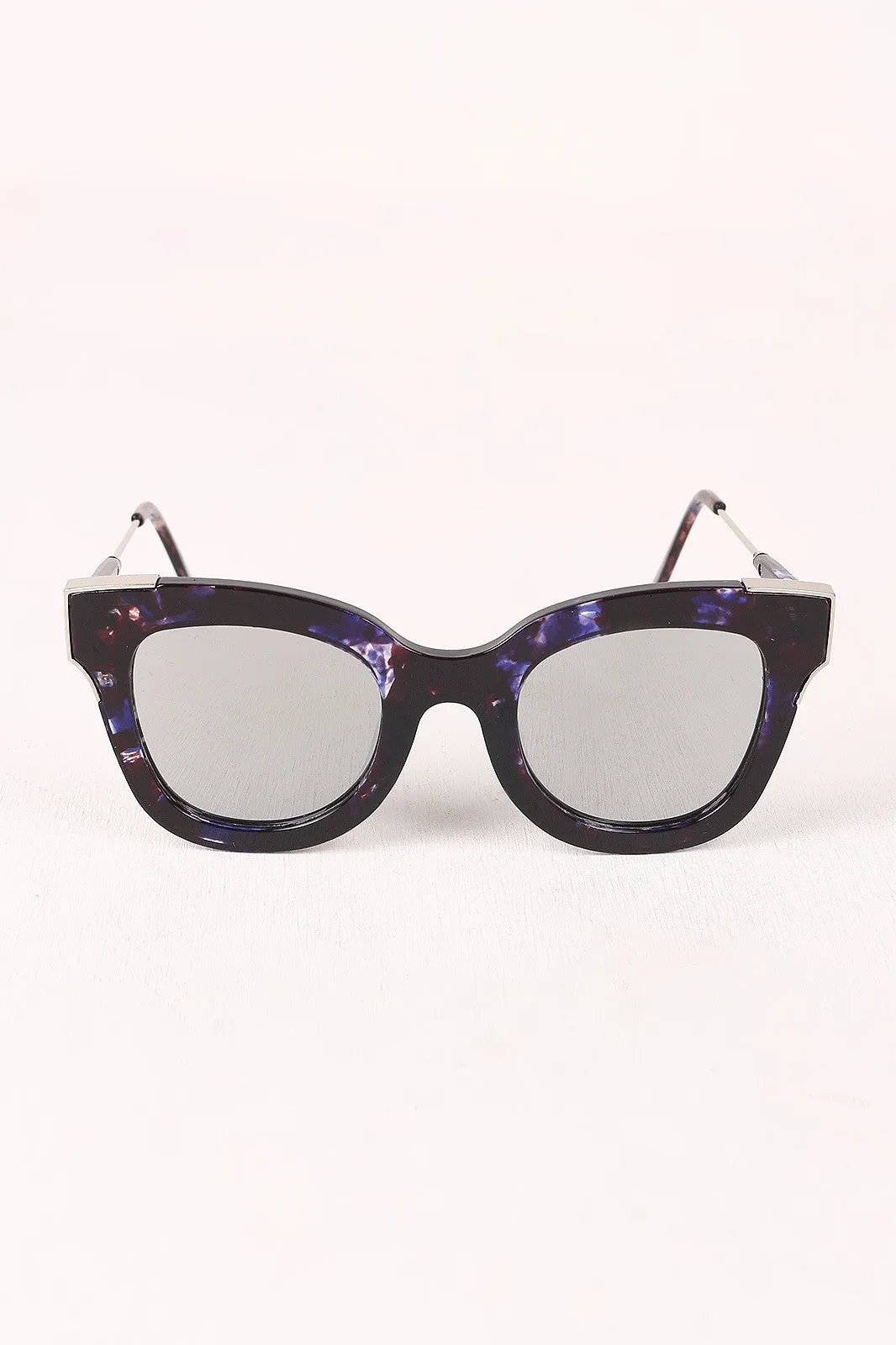 Printed Plastic Frame Metallic Accent Cat Eye Sunglasses