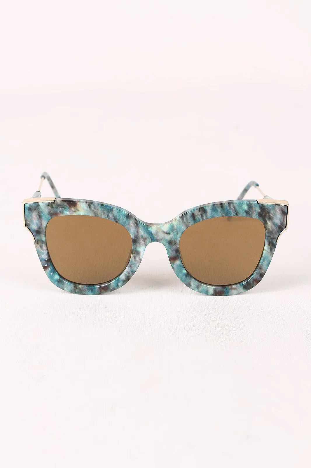 Printed Plastic Frame Metallic Accent Cat Eye Sunglasses