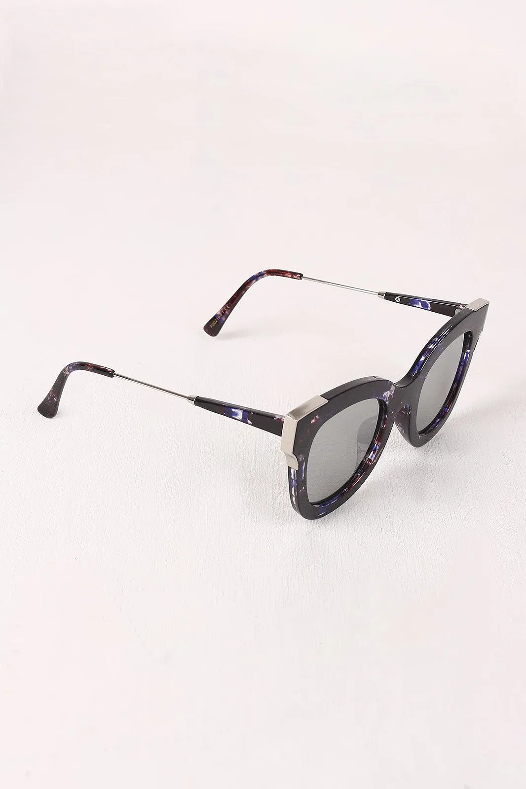 Printed Plastic Frame Metallic Accent Cat Eye Sunglasses