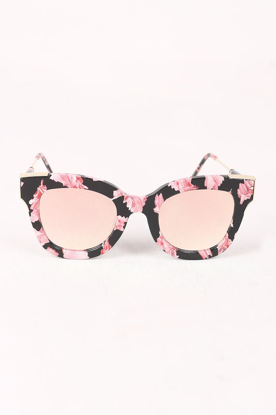 Printed Plastic Frame Metallic Accent Cat Eye Sunglasses