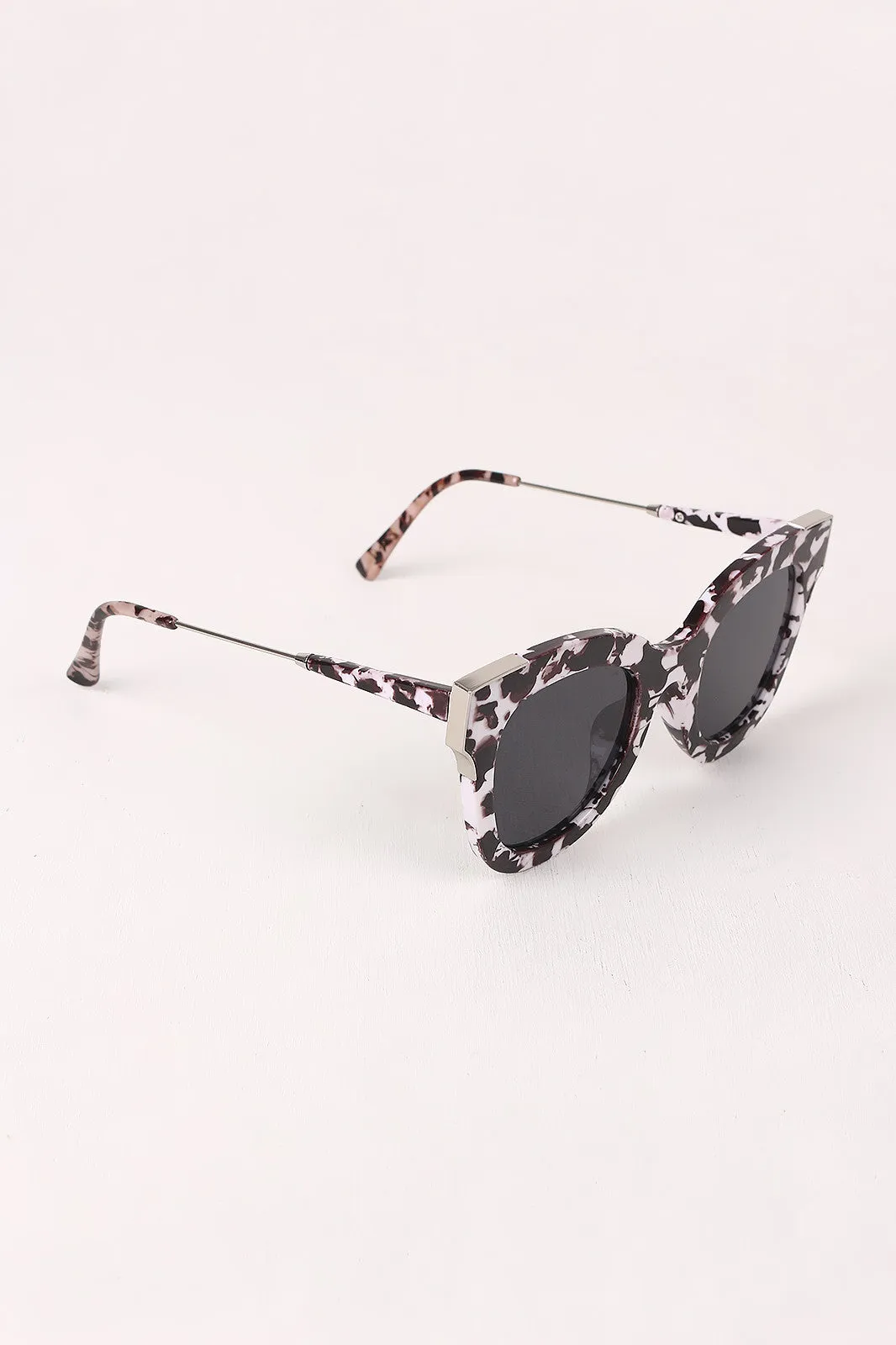 Printed Plastic Frame Metallic Accent Cat Eye Sunglasses