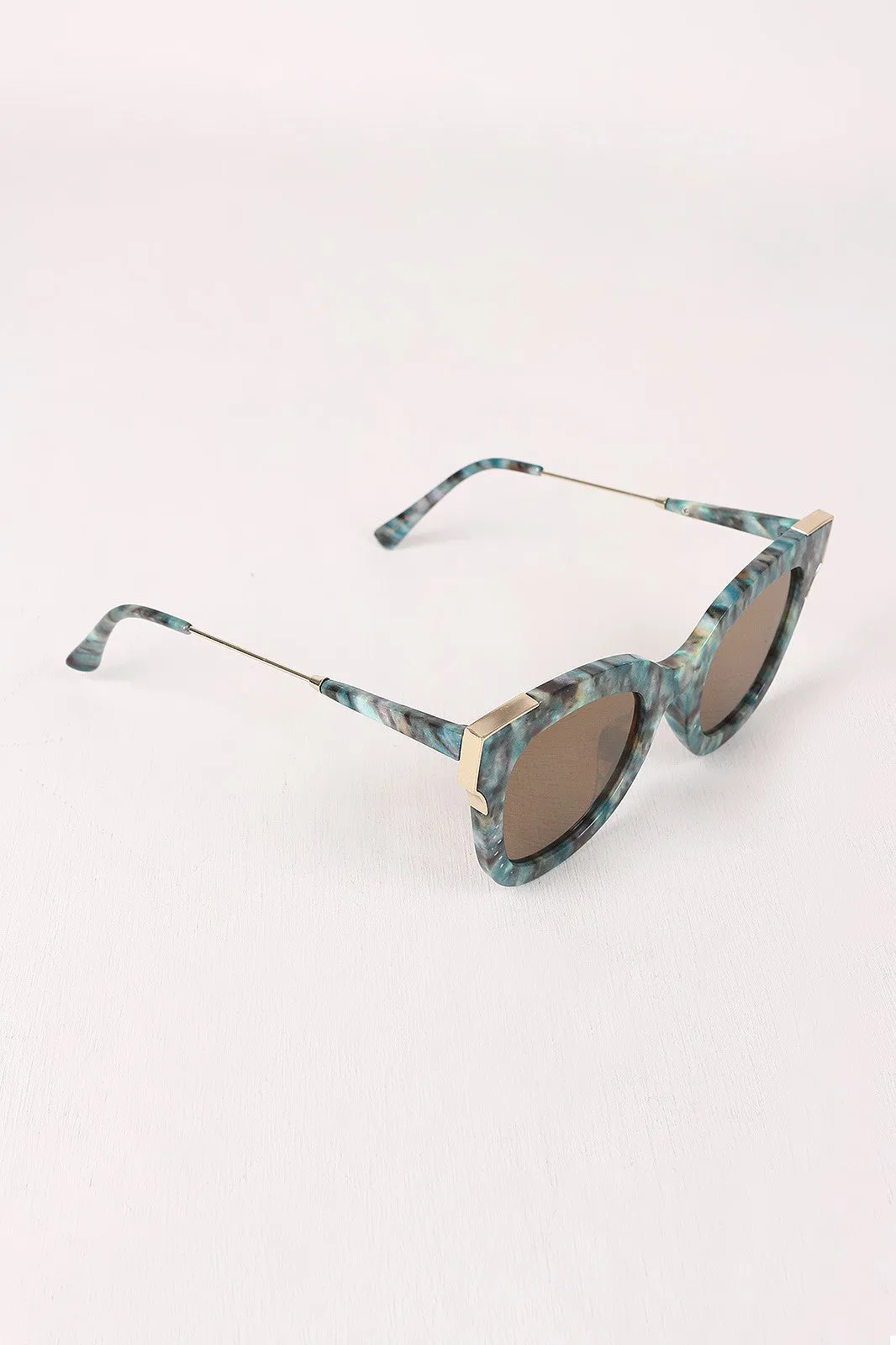 Printed Plastic Frame Metallic Accent Cat Eye Sunglasses