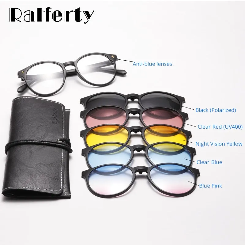 Ralferty Unisex Full Rim Round Polycarbonate Eyeglasses Clip On Sunglasses 2231