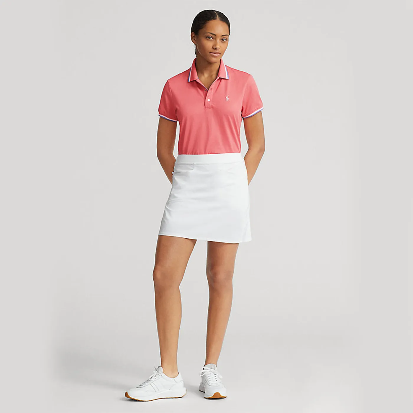 RLX Ralph Lauren Women's Tour Pique Golf Polo Shirt - Desert Rose/White/Hatteras Blue