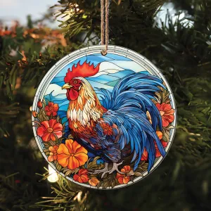 Teesdily | Colorful Rooster In Stained Glass Window Ceramic Ornament, Rooster Lovers Plastic Ornament Car Hanging, Christmas Tree Decoration, Holiday Gift