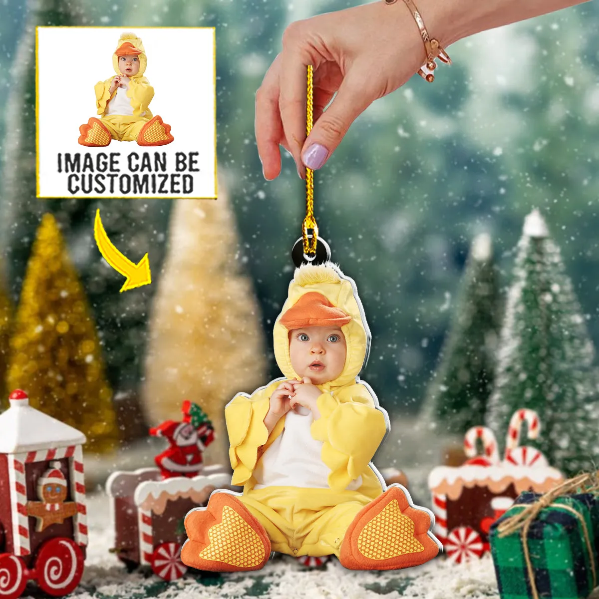 Teesdily | Customized Baby Duck Costume Christmas Ornament Merry Christmas Tree Decor Home Decoration Gift For Xmas Custom Photo Cutout Ornament