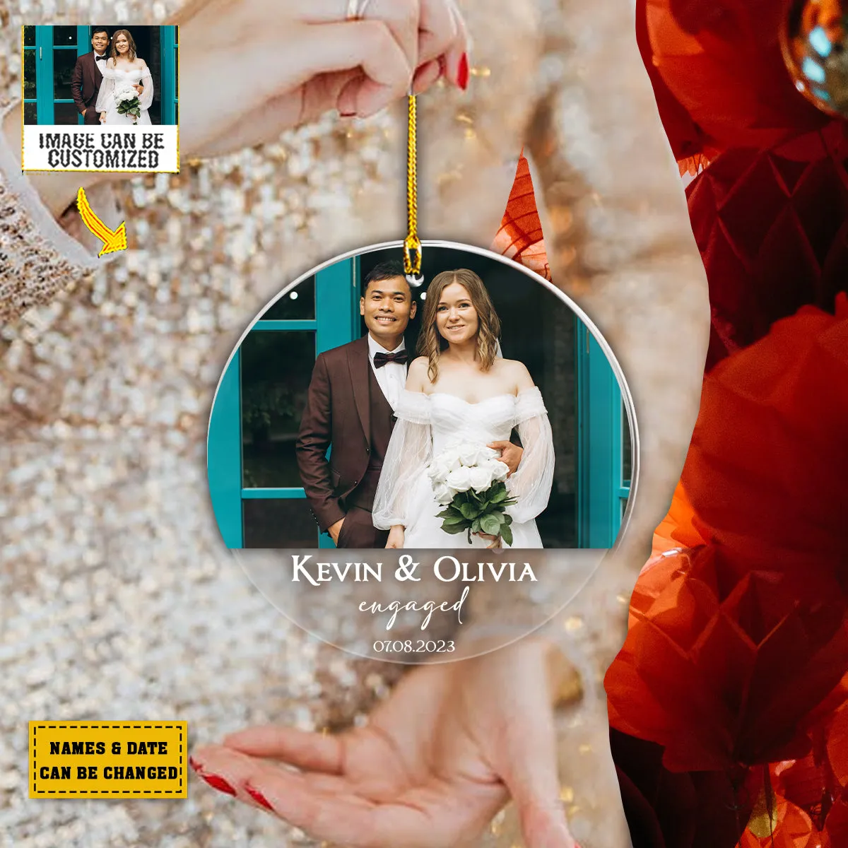 Teesdily | Customized Couple Photo Ornament Engaged Married Ornament First Christmas Married Ornament Newlywed Christmas Gifts