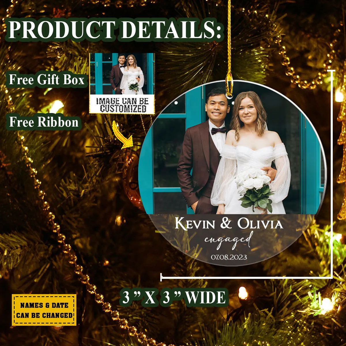 Teesdily | Customized Couple Photo Ornament Engaged Married Ornament First Christmas Married Ornament Newlywed Christmas Gifts