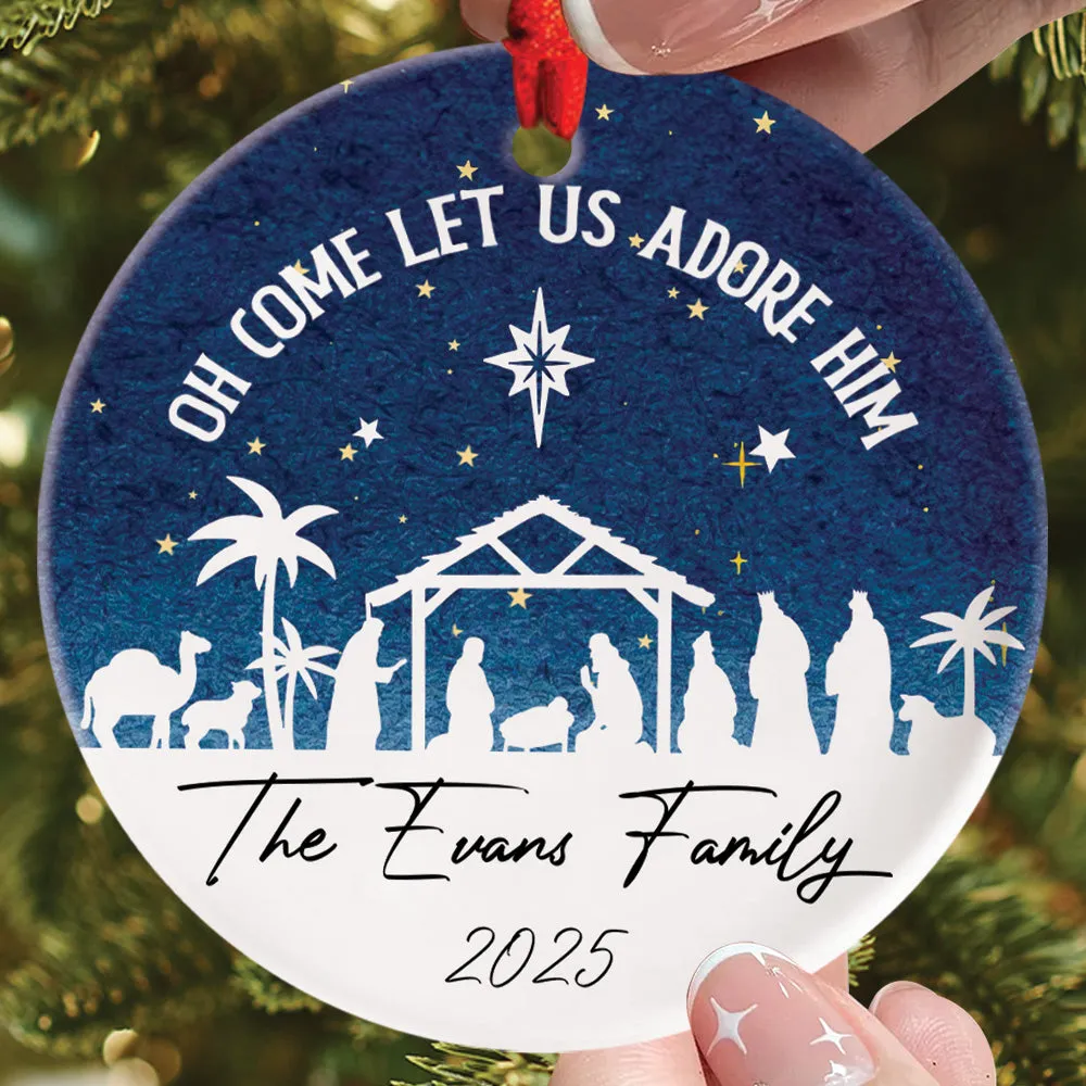 Teesdily | Customized Jesus Nativity Blue Night Ceramic Ornament, Oh Come Let Us Adore Him Christmas Ornament, Jesus Xmas Gift