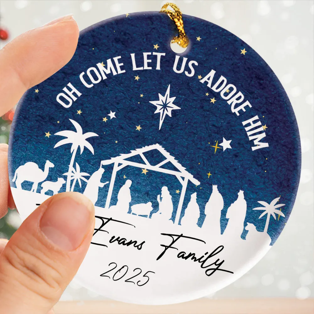 Teesdily | Customized Jesus Nativity Blue Night Ceramic Ornament, Oh Come Let Us Adore Him Christmas Ornament, Jesus Xmas Gift