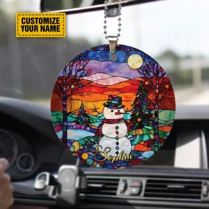 Teesdily | Customized Name Christmas Snowman Stain Glass Print Christmas Ornament Christmas Theme Rear View Mirror Accessories Xmas Decor Ideas