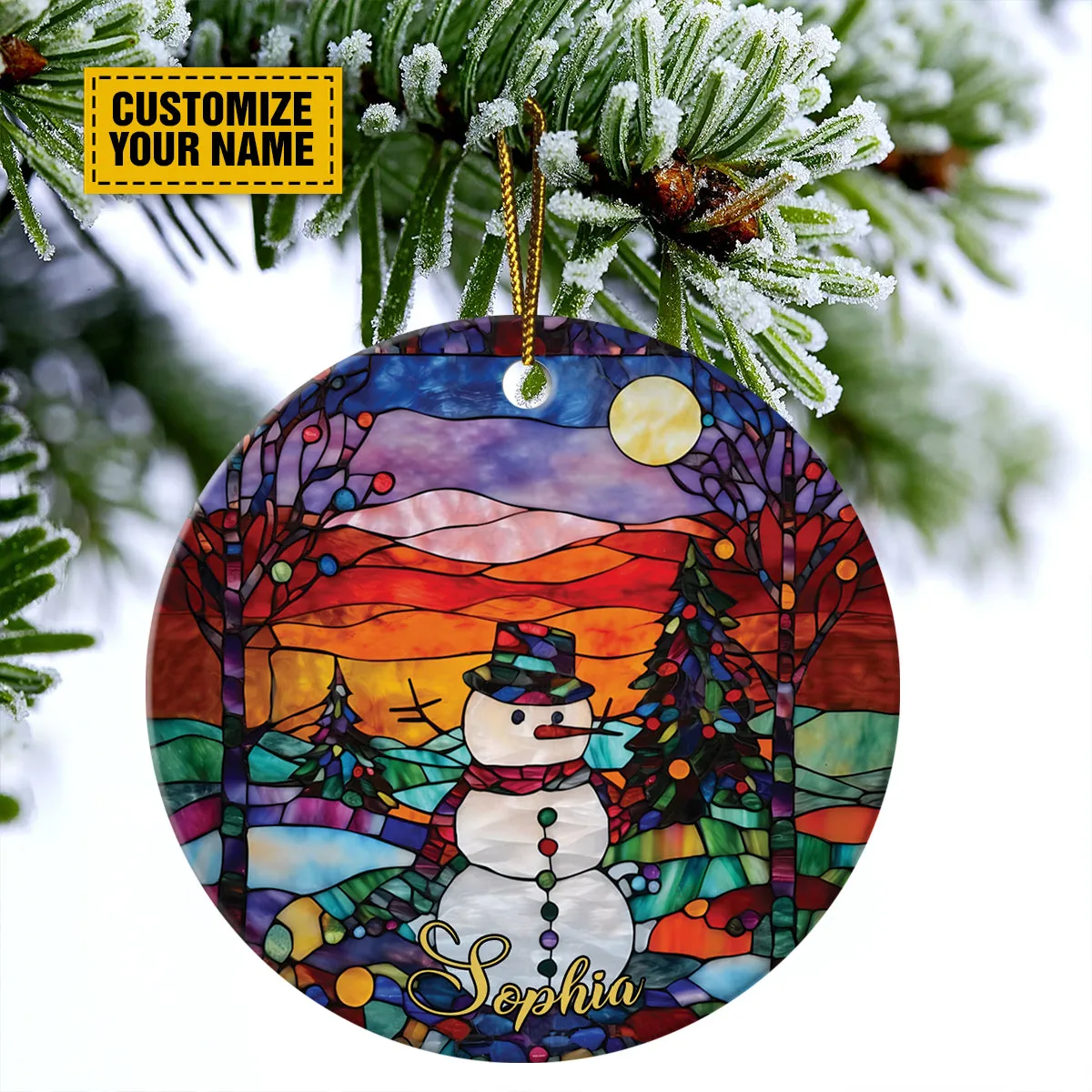 Teesdily | Customized Name Christmas Snowman Stain Glass Print Christmas Ornament Christmas Theme Rear View Mirror Accessories Xmas Decor Ideas