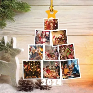 Teesdily | Customized Photo Family Tree Christmas, Photo Tree Ornament, Picture Acrylic Ornament, Family Ornament 2024 Xmas Gifts