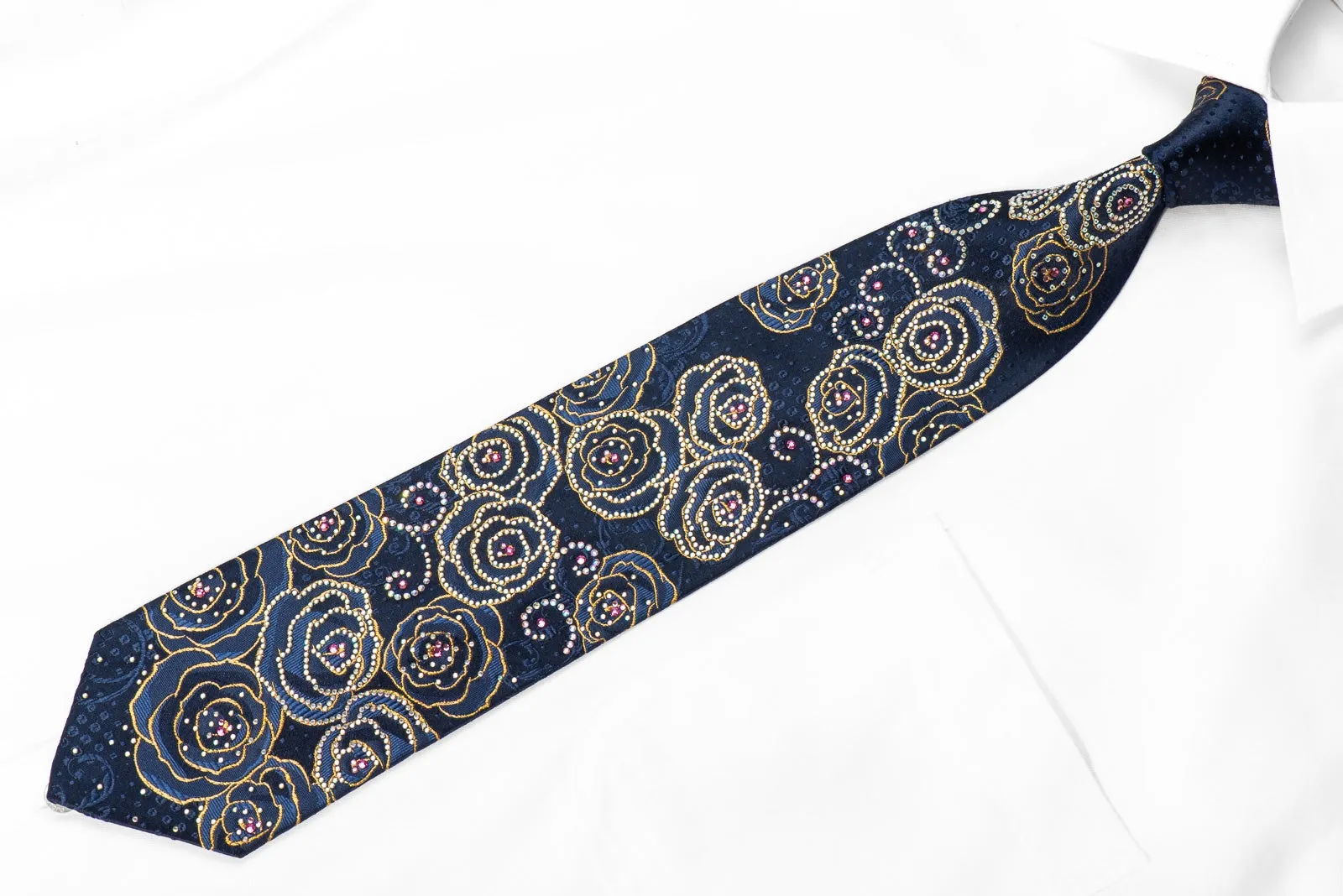 Ungaro Mens Crystal Silk Tie Blue Gold Roses Floral On Navy With Gold Sparkles