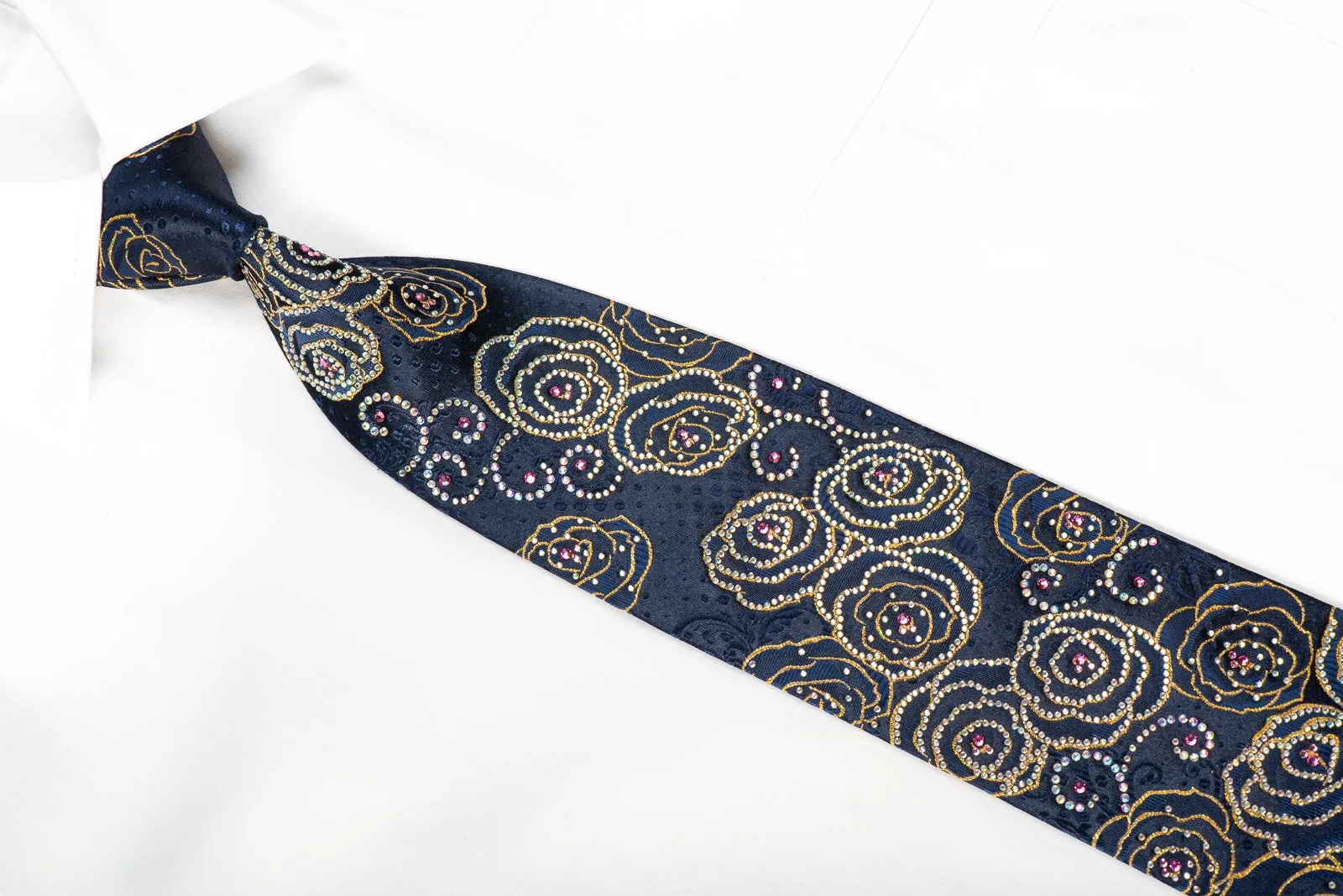 Ungaro Mens Crystal Silk Tie Blue Gold Roses Floral On Navy With Gold Sparkles