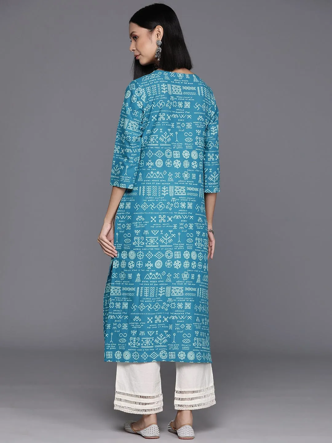 Varanga Women Blue & Off White Printed Straight Kurta